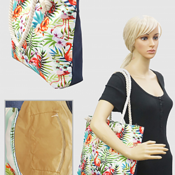 💙 Tropical Flamingo Tote Handbag Purse Beach - Picture 2 of 3